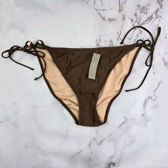 J Crew Swim Bottom 2X Brown Ring Curved Waist String Bikini High Cut Cheeky Mid - Picture 1 of 10